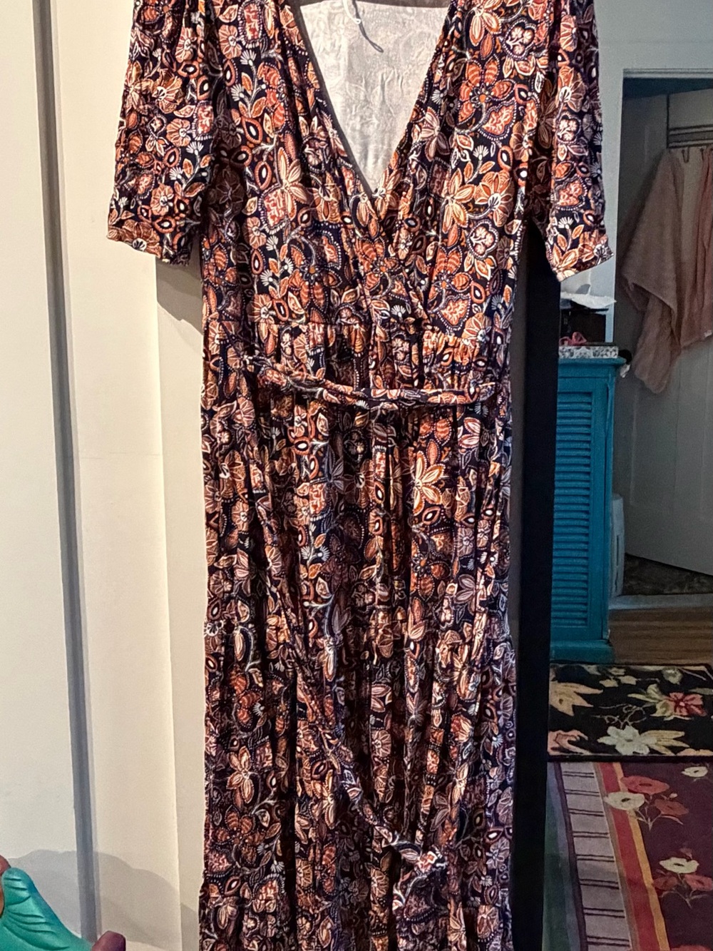 Boden Floral Wrap Maxi Dress in Rust and Navy